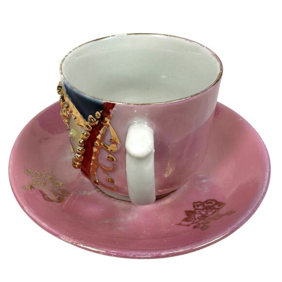 Antique Germany Pink Molded Lusterware Cups & Saucers Star Set 6 Vintage Ornate - Picture 3 of 15